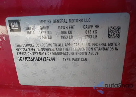 2014 Chevrolet Sonic Lt Auto z USA, uszkodzony, nr VIN 1G1JC5SH4E4124244